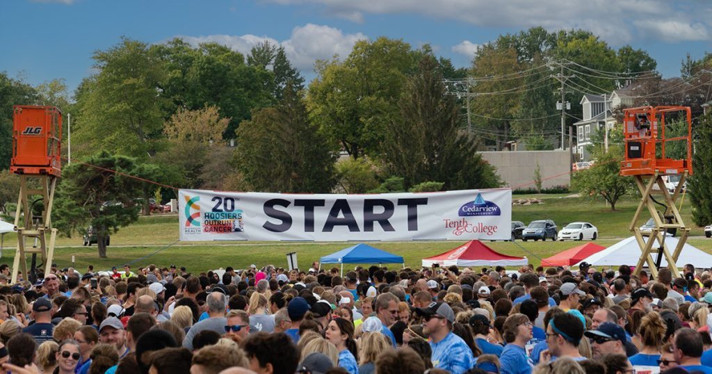 Starting line photo of the 20th Annual Hoosiers Outrun Cancer 5K event.