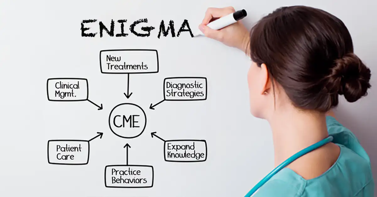 Medical professional writing 'ENIGMA' on a whiteboard with CME diagram for Enigma event.