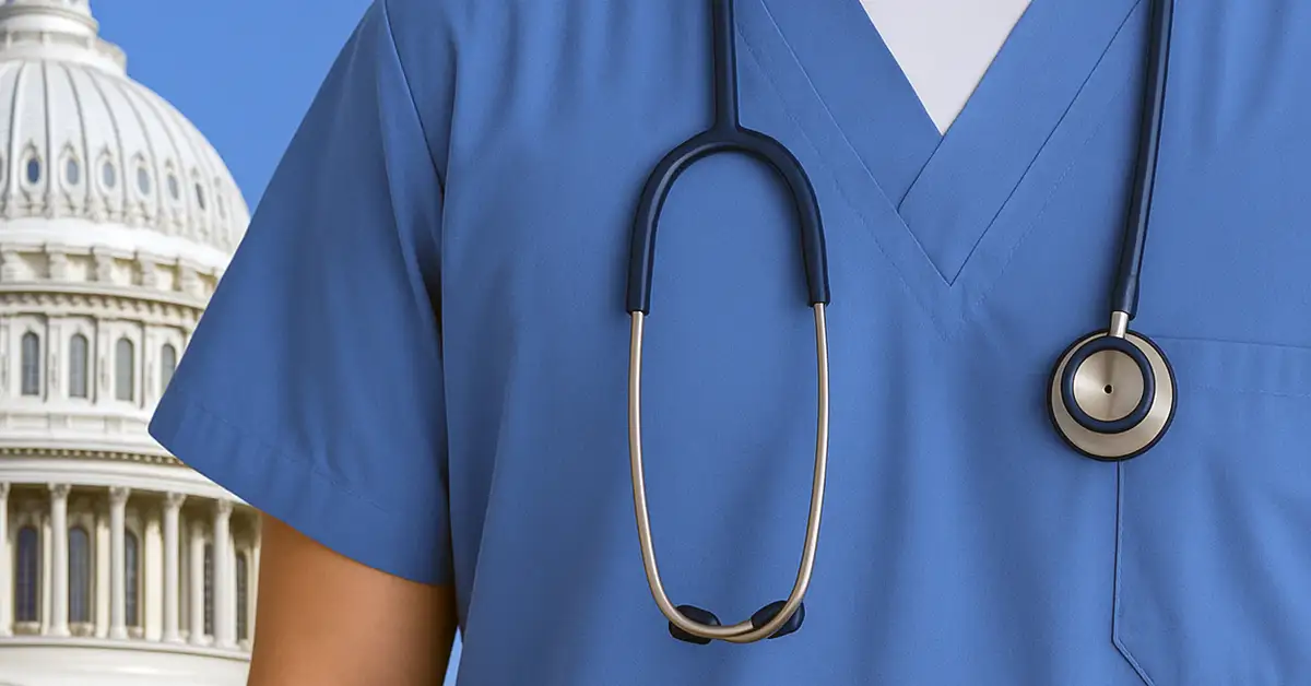 A healthcare professional in blue scrubs with a stethoscope stands in front of the U.S. Capitol dome, symbolizing the intersection of medicine and federal policy.