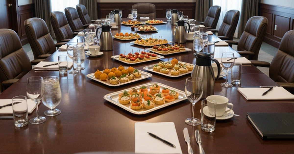 Board meeting setup with catered appetizers and beverages.